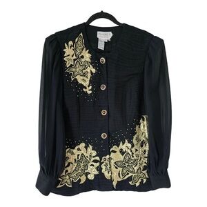Y2K DaVinci Sheer Jacket Sz L Women Black Gold Celestrial Embroidered Y2K